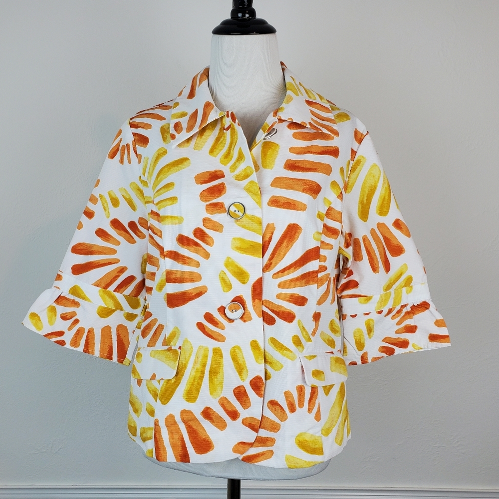 Chico's Jacket Flower Power Princeton White Yellow Orange Summer Spring Quirky - Picture 1 of 10